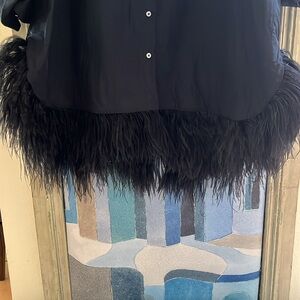 Marques Almeida Navy cotton button down dress with hem of feathers. Size 12 UK.